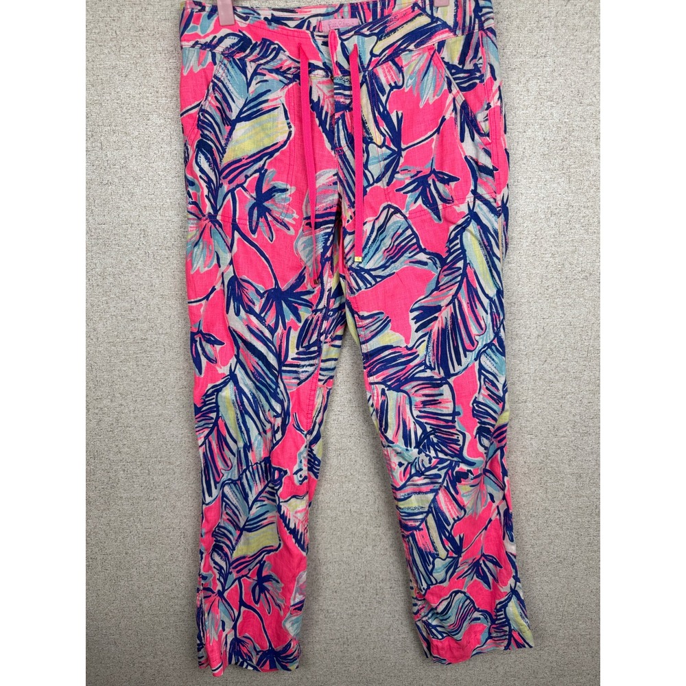 Lilly Pulitzer 100% Linen Drawstring Straight Pants Women's 2 Pink Blue Tropical